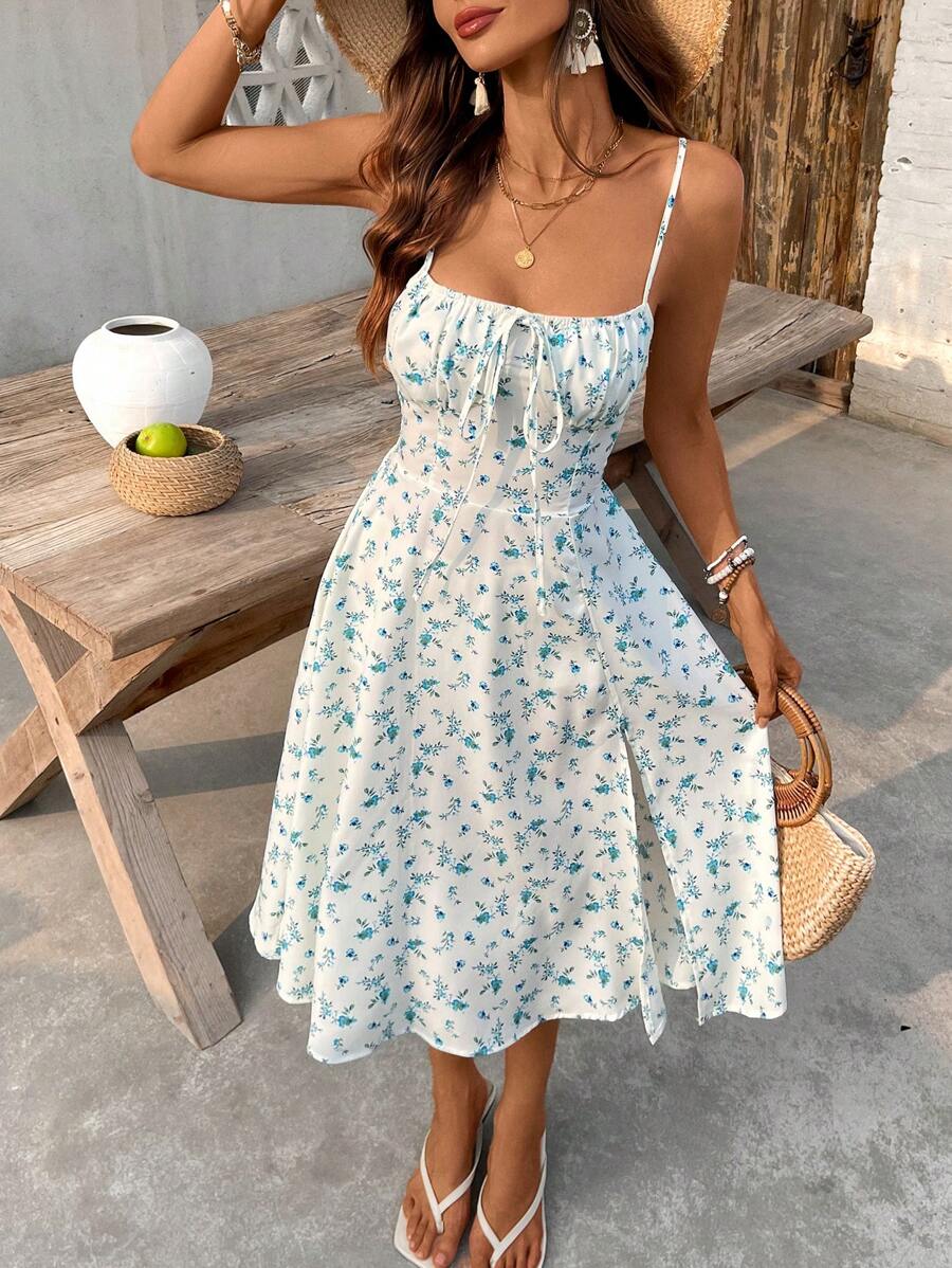 Breezaya 女式长款碎花细肩带修身夏季连衣裙，性感露背复古风格开衩下摆连衣裙，适合派对和约会 - 白色 - 查看 1