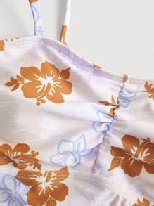 SHEIN MOD 2pcs Floral Print Swimsuit Set With Shoulder Strap, Ruched Front Bottoms And Side Drawstring Tie - Khaki - View 4
