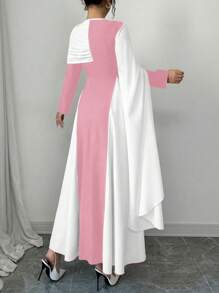 Rafferiza 女士圆领褶皱拼色连衣裙，袖子较大