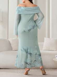 Modelyn Plus Size Off Shoulder Long Sleeve Dress, Fashionable For Summer - Green - View 2