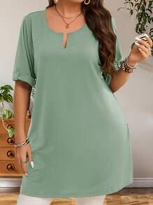 EMERY ROSE Women Plus Size Early Spring Short Sleeve Long Olive Green T-Shirt - Mint Green - View 5