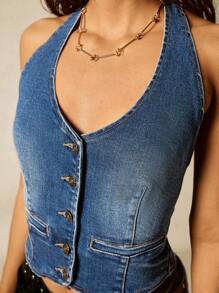 Easelle 夏季女装复古西部嬉皮女牛仔水洗蓝色牛仔露背上衣简约时尚适合音乐节 - 藍色 - 查看 4