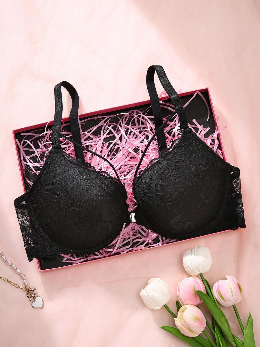 SHEIN 性感浪漫休闲舒适前扣蕾丝加大码钢圈文胸，提升和增强，支撑性强，1 件 - 黑色 - 查看 1