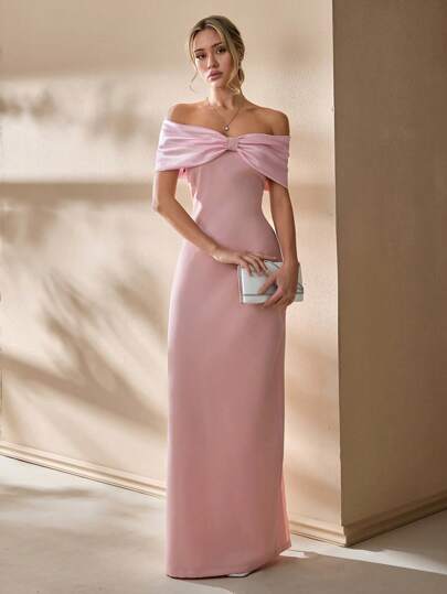 EURMUSE Elegant Style, Bardot Shoulder, Satin Bow Detailed On Front Long Black Dress