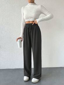 SHEIN Tall Tall Size Women Solid Color Casual Elastic Waist Drawstring H-Shape Wide Leg Design Pants - Dark Grey - View 5