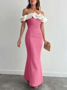 EURMUSE Two Tones Off Shoulder Ruffle Trim Bodycon Dress, Elegant Dress - Dusty Pink - View 3