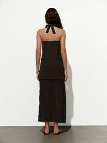 Lumivelle Women's Fashion Minimalist V-Neck Sleeveless Tie Camisole + Chiffon Pleated Hem A-Line Skirt 2 Pieces Set