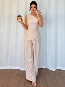 Chiquease 女式春夏法式设计单肩金属扣腰收腰阔腿裤两件套，米色 - 杏色 - 查看 5