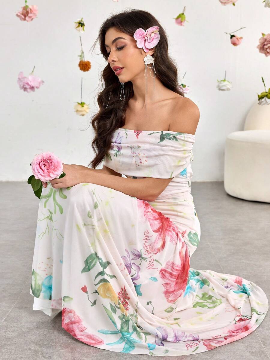 Modelyn 女式长款露肩浪漫花卉印花褶饰网眼优雅迷人度假连衣裙，春夏 - 彩色 - 查看 1