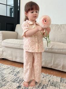 Hapijoa Bộ đồ ngủ quần dài in họa tiết hoa dễ thương cho bé gái mùa hè - Màu Hồng baby - Xem 3