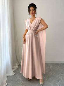 Elenzga Women's Solid Color Splice Ribbon Elegant V-Neck Cinched Waist Long Dress - Baby Pink - View 3