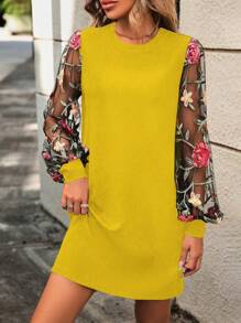 EMERY ROSE Váy suông dài tay thêu hoa cho nữ đi nghỉ mát - Màu vàng - Xem 3