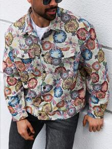 Manfinity Homme 这款男士时尚休闲复古奢华花卉纹理提花衬衫夹克采用时尚设计，配有胸袋。它融合了复古美学和现代时尚，适合男士和情侣秋冬季穿着，是外出时尚之选，搭配彩色图案长袖轻便夹克，是送给朋友、丈夫和男朋友的绝佳礼物。 - 彩色 - 查看 7