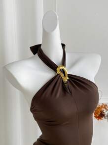 Elamini Women's Brass Metal Clasp Spaghetti Strap Top, Spring/Summer,Casual Daily Wear - Coffee Brown - View 2
