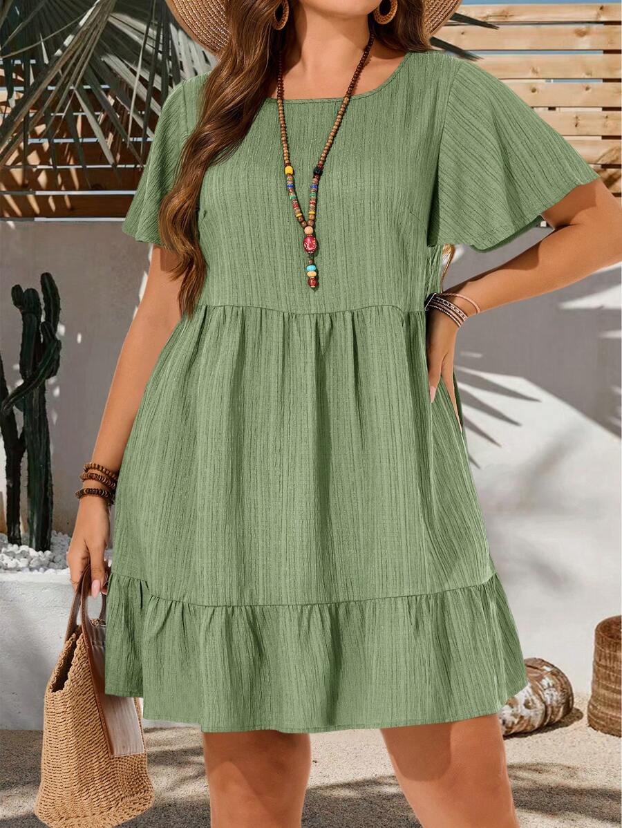 Vestido de manga corta de unicolor casual de talla grande para vacaciones, atuendo de verano para mujeres, vestido de Pascua para mujeres, bohemio, atuendos de rave, conjunto de Pascua para curvas, atuendo para conciertos country - verde menta - Ver 1