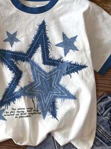 SHEIN Leap Crew 青少年女孩 3 件套，休闲简约设计，星星蝴蝶结印花图案短袖圆领 T 恤，夏季休闲时尚个性上衣，儿童日常穿着 - 彩色 - 查看 3