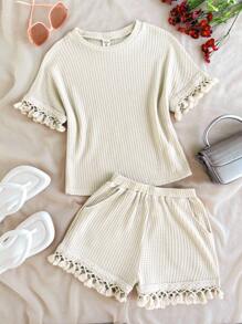 Tween Girl Casual Vacation Home Fashion Versatile Comfortable Knit Textured Loose 2pc Set, Spring/Summer - Apricot - View 1