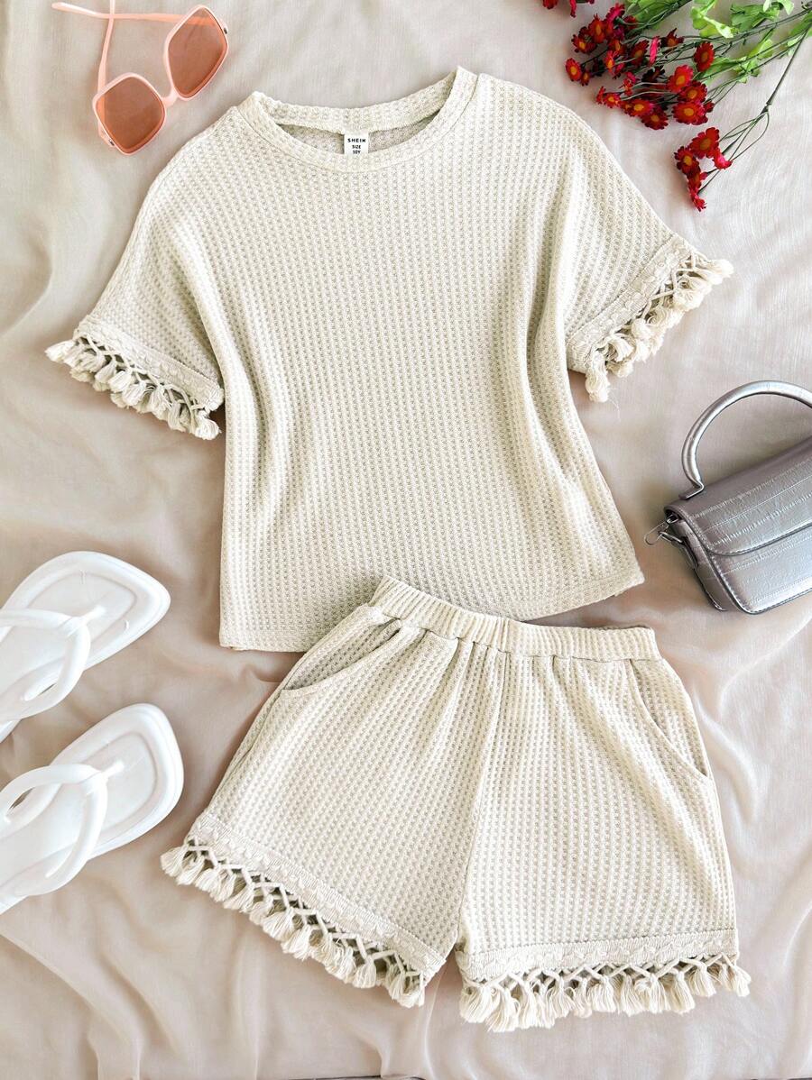 Tween Girl Casual Vacation Home Fashion Versatile Comfortable Knit Textured Loose 2pc Set, Spring/Summer - Apricot - View 1