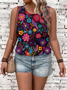 SHEIN LUNE Plus Size Tropical Floral & Parrot Print Vibrant Color Tank Top & Camisole, Suitable For Spring Summer Vacation, Great For Mother's Day