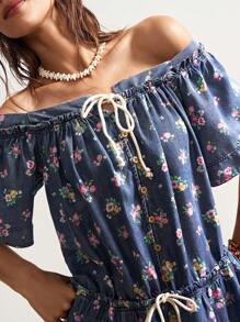 Bohemela Đầm mini tay ngắn in họa tiết dệt đơn giản cho nữ - Màu xanh lam - Xem 4