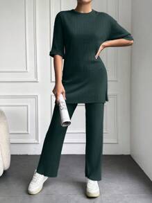 EURMUSE 100%Cotton Drop Shoulder Tee & Pants - Green - View 4