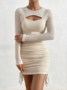 SHEIN Unity Solid Color Hollow Ruffle Fitted Crew Neck Long Sleeve Dress - Apricot - View 6
