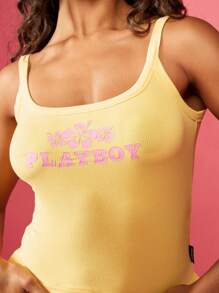 Missguided x Playboy Summer Athletic Ribbed Tank Top With Flower Logo Vest Basic Crop Gym Workout Yoga Active Lounge Wear Cami - Yellow - View 1