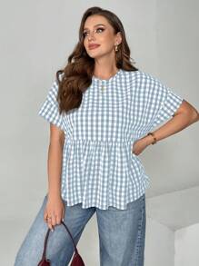 SHEIN Essnce Plus Size Ladies Spring And Summer Fashion Casual Loose Comfortable Daily Blue And White Plaid Short Sleeve Cute Blouse,Summer,Brunch,Minimalist,Cute Tops,Old Money Style,Vacation,Business Casual - Baby Blue - View 3