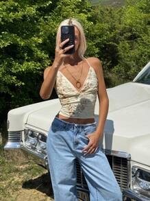 SHEIN EZwear 杏色无袖紧身短款上衣，适合夏季穿着 - 杏色 - 查看 4