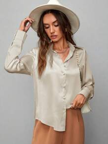 SHEIN Clasi Camisa satinada brillante de piqué con botones, talla grande