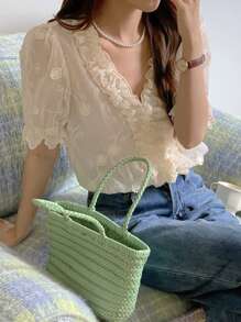 DAZY Chemisier casual en tissu texturé avec bordure à volants, Cardigan col V pour femmes