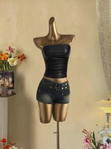 Attitoon Faux Stretch-Leather Black Pleated Strapless Top