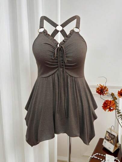 SHEIN CURVE+ Plus Size Women Summer Solid Color Drawstring Ruffle Hem Camisole