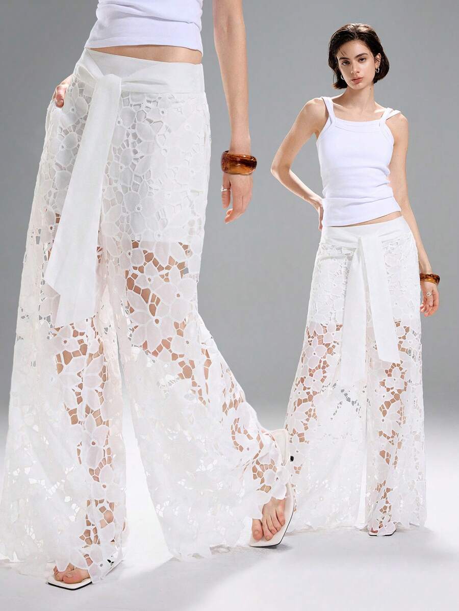 LYSMO Women's Solid Color Tie Knot Pocket Lace Patchwork Elegant Pants - White - View 1