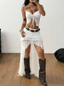Coolane Women's Summer Music Festival Hippie Boho Western Wear Y2K Fairycore Mesh White Irregular Hem Pleated Skirt