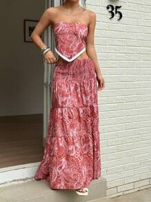 Sunnyshic 女式休闲度假波西米亚风佩斯利印花低腰长裙，夏季 - 紅色 - 查看 4