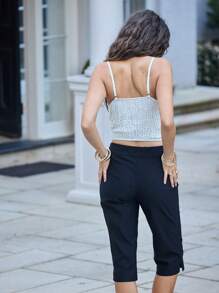 Aralina High Waist Buckled Hem Slim Fit Office Capris For Women Capri Pants - Black - View 2