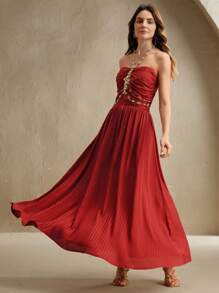 Anewsta High Quality Standard Sized Elegant Rhinestone Halter Design Fashion Formal Dress, Suitable For Women's Party & Event Wear - Red - View 5