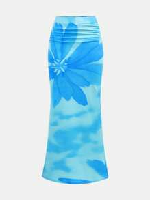 Girlism Set de 2 piezas de top corto y falda larga ajustada con estampado floral tropical, estilo vacacional para adolescentes