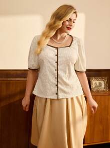 Vintamour 大码复古优雅女式 T 恤上衣针织提花方领休闲开衫女士度假装女士夏季装白色上衣夏季上衣女士西装女士生日装女士外出上衣女士夏季上衣女士白衬衫教堂服装女士夏季服装女士可爱上衣邮轮服装女士办公室服装女士衬衫女士白色服装女士纽扣衬衫女士工作服女士春季服装