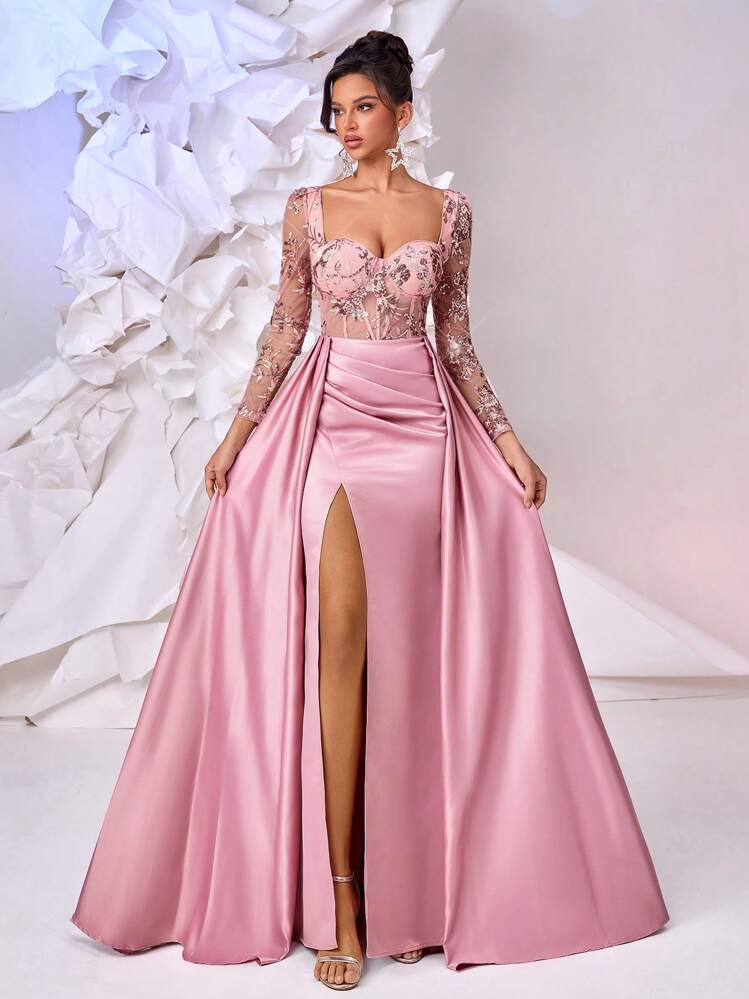 Glamrae Elegant Luxurious Emerald Beaded & Sequin Patchwork Satin Sweetheart Neck Sheer Sleeve Mermaid Maxi Dress With High Slit And Oversized Ruffles, Formal Evening Gown, Party Dress, For Wedding Guest, For Valentine's Day Wedding Guest Dress - Elegant Floor Length Gown For Formal Occasion - Baby Pink - View 3