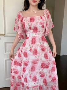 Modelyn Chiffon Batik Muster Quadratischer Ausschnitt A-Linie Kleid - Verschiedenfarbig - Übersicht 6