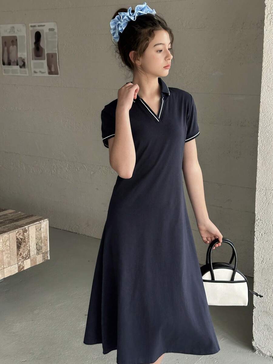 Hapijoa 少女条纹领短袖休闲连衣裙，女孩夏季服装，返校服装 - 藏蓝色 - 查看 1