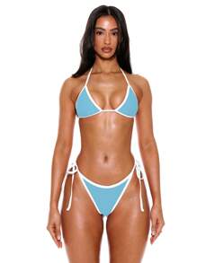 Musera Resort Bikini buộc dây viền tương phản chỉ dành cho mùa hè xuân hè, kỳ nghỉ, kỳ nghỉ lễ, đồ đi biển Ibiza gợi cảm - Màu xanh nhạt - Xem 5