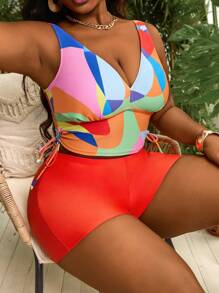 Slaydiva Plus Size Women Geometric Print Side Drawstring Tankini Swimsuit Set, Vacation - Multicolor - View 3