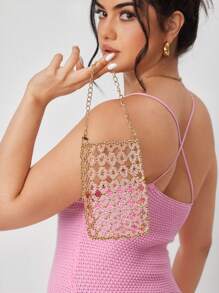 SHEIN SXY Damen Handtaschen mit oberem Griff, goldene Perlen, transparente Perlen, Perlenbestickte Tasche, modisch, elegant, schlicht, personalisiert, vielseitig, für Strand, Urlaub, Feiertage, Sommer, Meerseite, Dates, Alltag, Einkaufen, Nachmittagstee - Gold - Übersicht 2