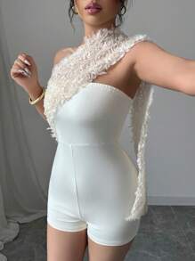 SHEIN Clasi Women's Floral Patchwork Decor Romper - Apricot - View 4