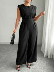 Elenzga 大码女式优雅纯色无袖黑色连体裤 - 黑色 - 查看 4