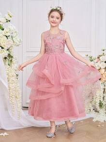 Tween Girl Long Embroidered Layered Ruffled Hem Tutu Dress With Round Neck, Pink, Suitable For Wedding, Party, Birthday, Events - Dusty Pink - View 8