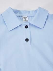 SHEIN Tween Girls Collared Partial Button Front Ruffled Sleeve A-Line Dress - Blue - View 7